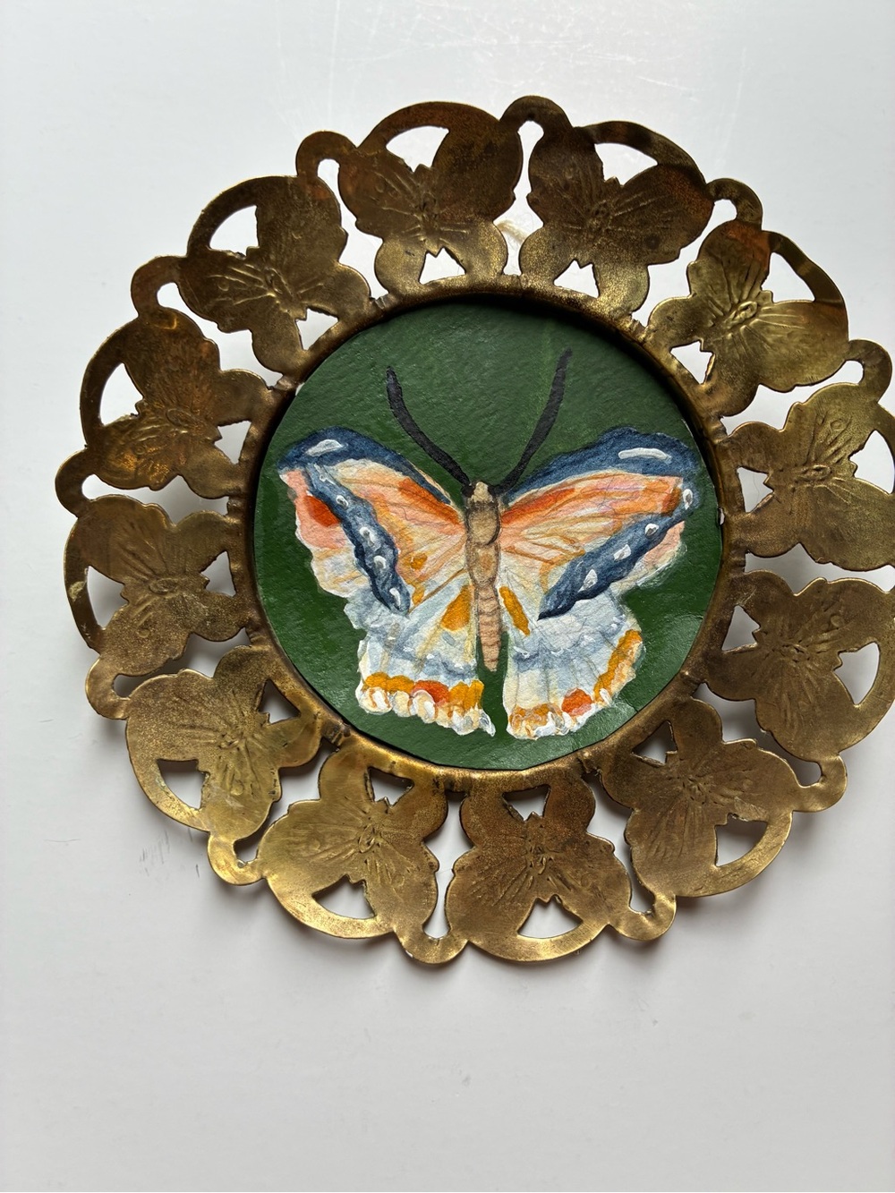 Vintage Brass Butterfly Frame Wall Art With Watercolor Butterfly Painting